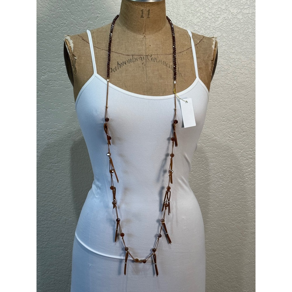 Lost & Foun Boho Brown Beaded Long Tassel Necklace Faux Suede Fringe NWT